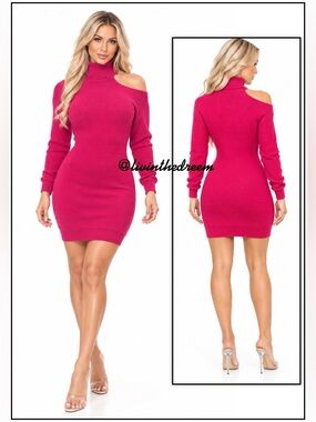 BCBGeneration Pink Ribbed Sweater Dress Turtleneck Cutout SZ XS
